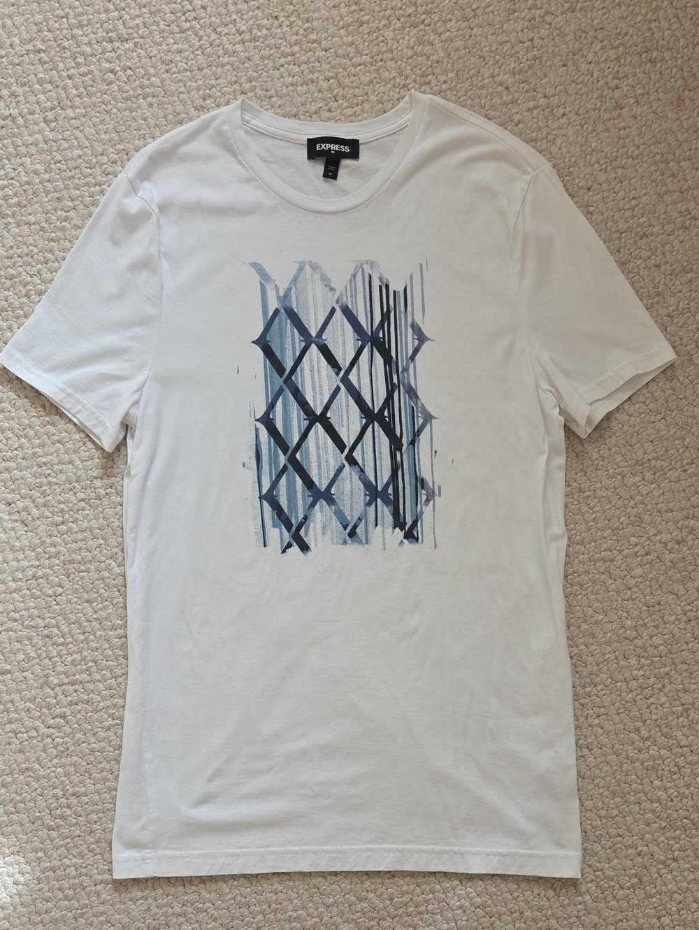 Express White Short Sleeve Graphic Crew Neck Tee with Blue Print